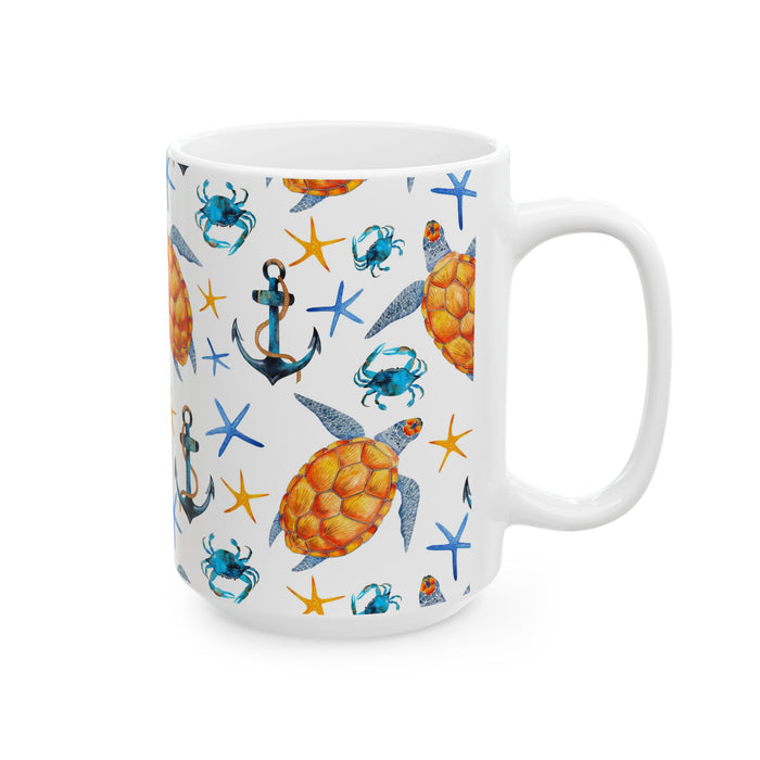 Sea Turtle Coffee Mug – Ocean Beach Ceramic Cup with Crabs & Anchors, 11oz/15oz