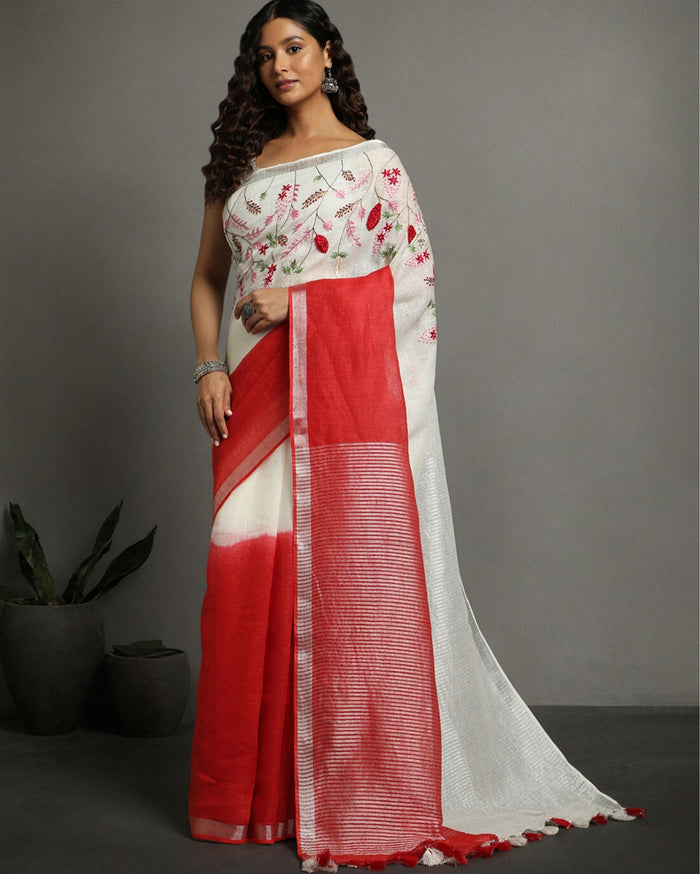 White & Red Pure Linen Saree – Embroidered | IndieHaat