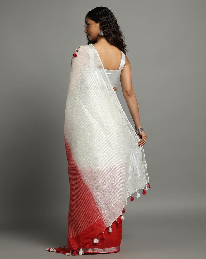 White & Red Pure Linen Saree – Embroidered | IndieHaat