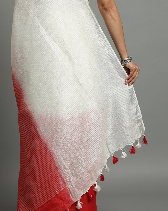 White & Red Pure Linen Saree – Embroidered | IndieHaat