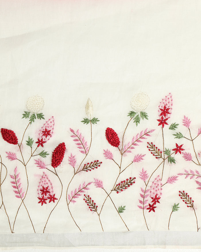 White & Red Pure Linen Saree – Embroidered | IndieHaat
