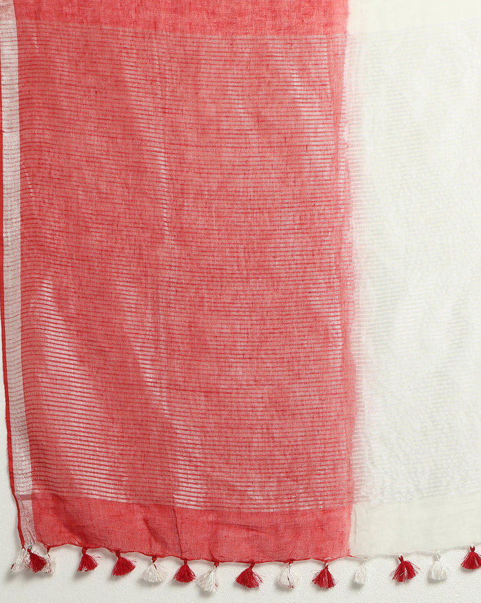 White & Red Pure Linen Saree – Embroidered | IndieHaat