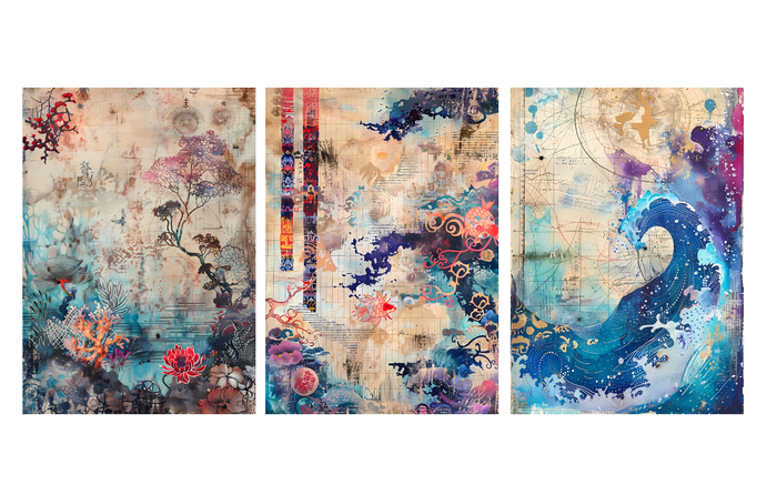 Set of 3 Abstract Japanese Art Prints – Ocean Wave, Floral & Geometric Design Unframed 5x7