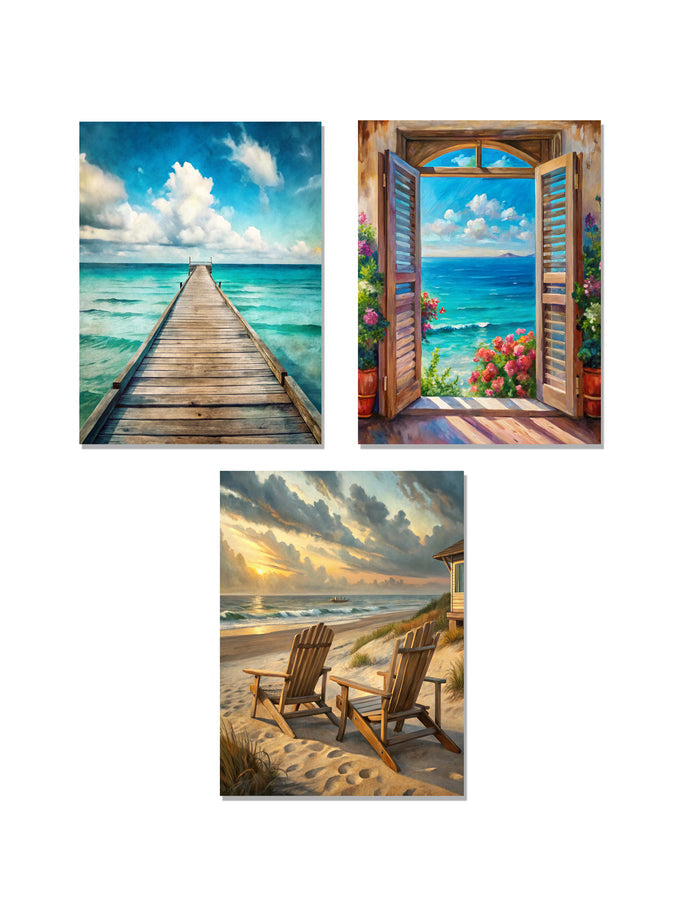 Set of 3 Beach Wall Art Prints – Coastal Dock, Window & Chair Ocean Decor 5x7
