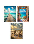 Set of 3 Beach Wall Art Prints – Coastal Dock, Window & Chair Ocean Decor 5x7