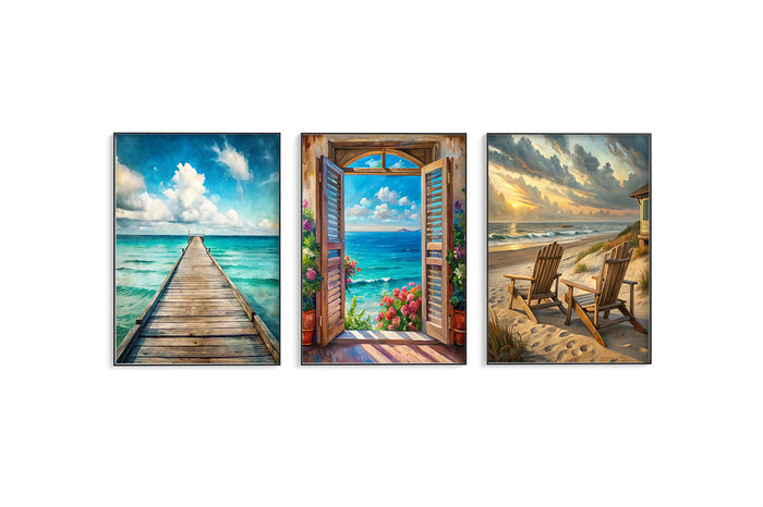 Set of 3 Beach Wall Art Prints – Coastal Dock, Window & Chair Ocean Decor 5x7