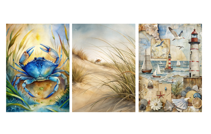Set of 3 Coastal Watercolor Art Prints – Crab, Beach & Lighthouse – Archival Satin Photo Paper
