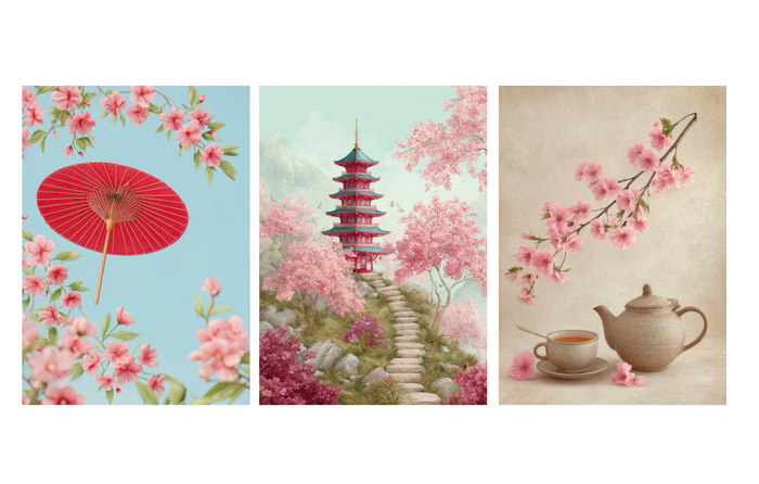Set of 3 Japanese Cherry Blossom Art Prints – Pagoda, Parasol & Tea Scene – Archival Satin Photo Paper