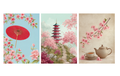 Set of 3 Japanese Cherry Blossom Art Prints – Pagoda, Parasol & Tea Scene – Archival Satin Photo Paper
