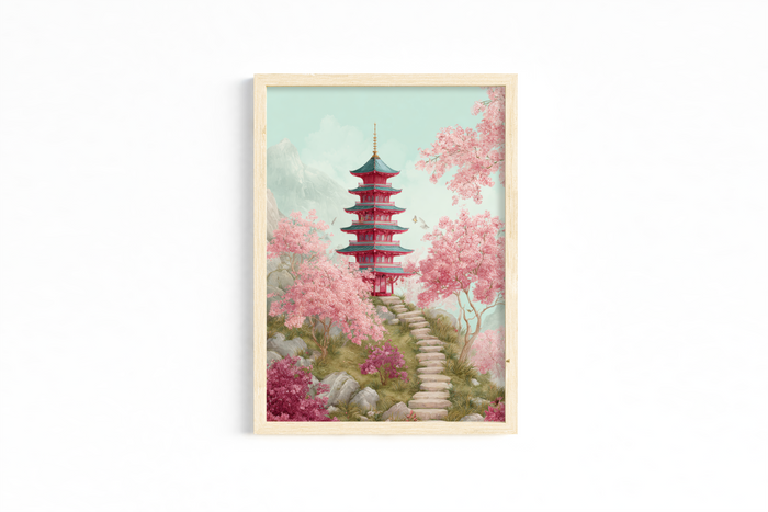 Set of 3 Japanese Cherry Blossom Art Prints – Pagoda, Parasol & Tea Scene – Archival Satin Photo Paper