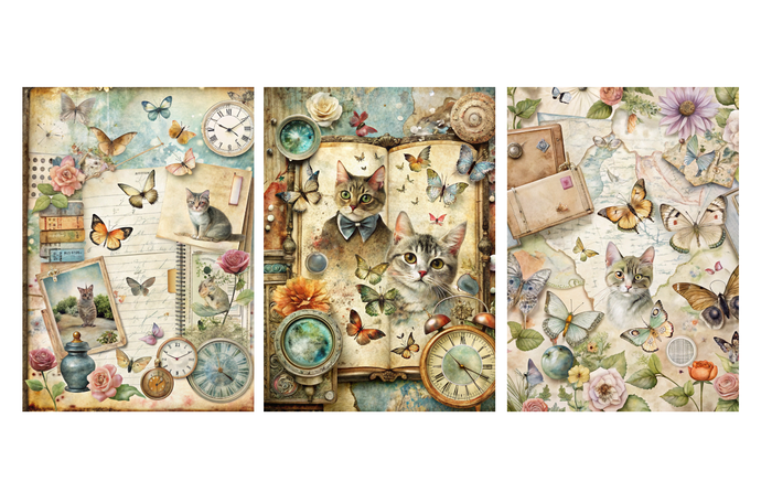 Set of 3 Unframed Cat Art Prints – Butterflies, Books & Letters – Archival Satin Photo Paper