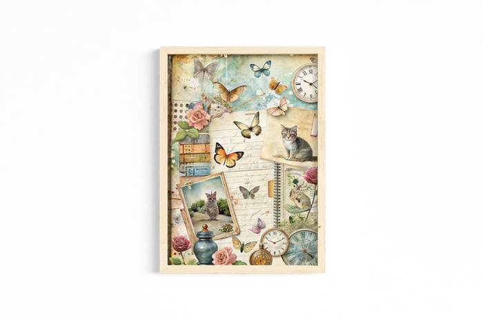 Set of 3 Unframed Cat Art Prints – Butterflies, Books & Letters – Archival Satin Photo Paper