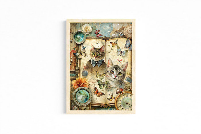 Set of 3 Unframed Cat Art Prints – Butterflies, Books & Letters – Archival Satin Photo Paper