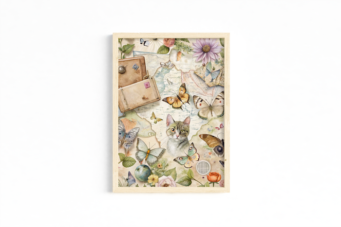 Set of 3 Unframed Cat Art Prints – Butterflies, Books & Letters – Archival Satin Photo Paper