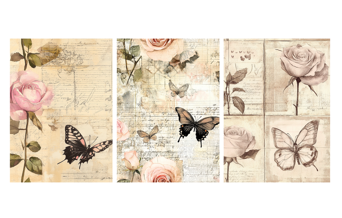 Set of 3 Unframed Rose & Butterfly Art Prints – Romantic Botanical Collage – Archival Satin Photo Paper