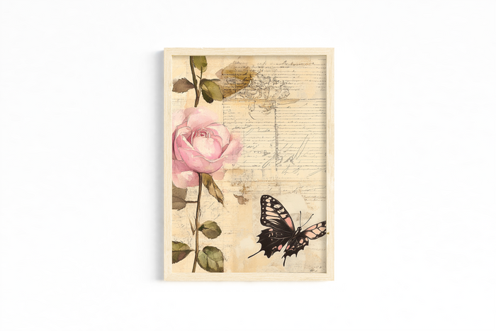 Set of 3 Unframed Rose & Butterfly Art Prints – Romantic Botanical Collage – Archival Satin Photo Paper