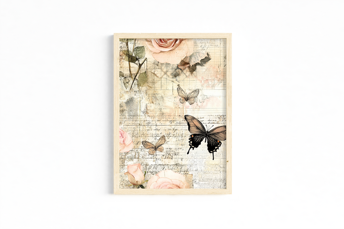 Set of 3 Unframed Rose & Butterfly Art Prints – Romantic Botanical Collage – Archival Satin Photo Paper