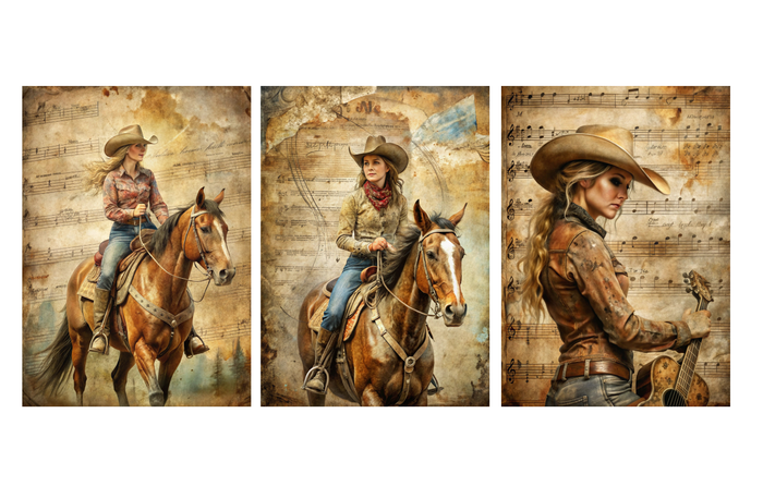 Set of 3 Unframed Western Cowgirl Art Prints – Horse & Guitar – Archival Satin Photo Paper