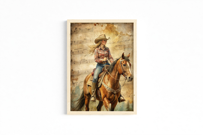 Set of 3 Unframed Western Cowgirl Art Prints – Horse & Guitar – Archival Satin Photo Paper