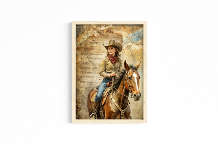 Set of 3 Unframed Western Cowgirl Art Prints – Horse & Guitar – Archival Satin Photo Paper