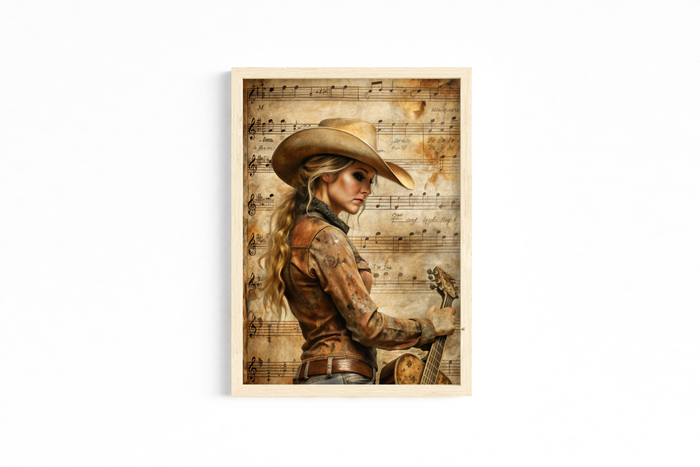 Set of 3 Unframed Western Cowgirl Art Prints – Horse & Guitar – Archival Satin Photo Paper