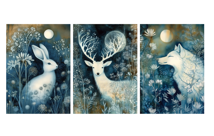 Set of 3 Unframed Woodland Animal Art Prints – Deer, Wolf & Rabbit – Archival Satin Photo Paper