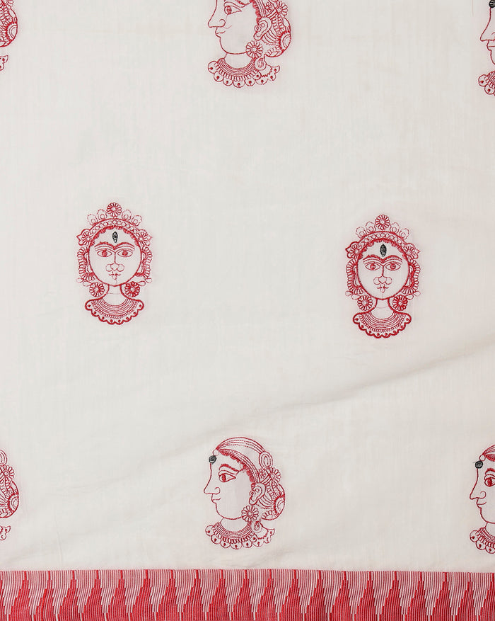 Indiehaat | Kora Silk Durga Embroidery Saree Red & White