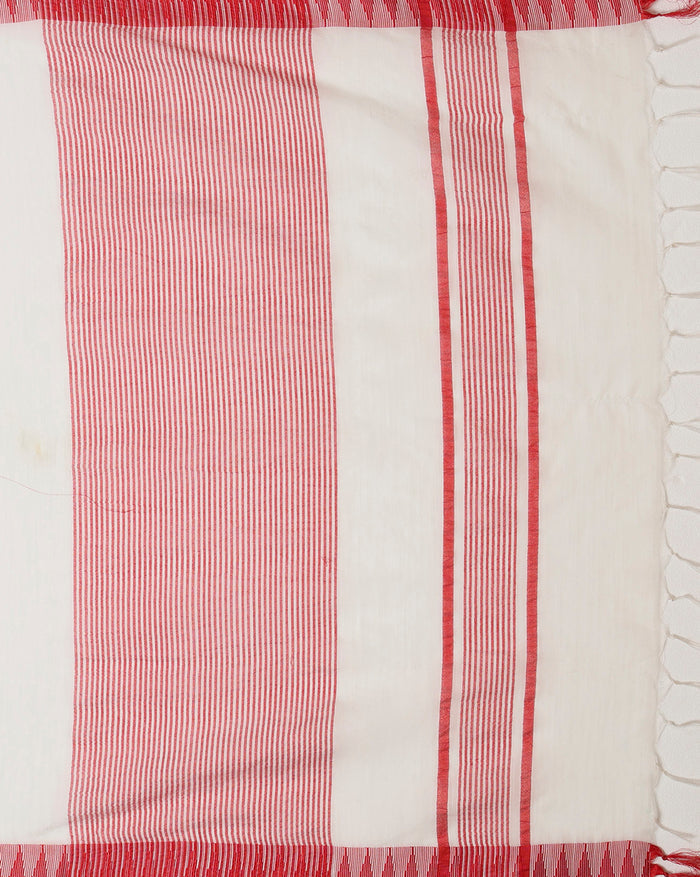 Indiehaat | Kora Silk Durga Embroidery Saree Red & White