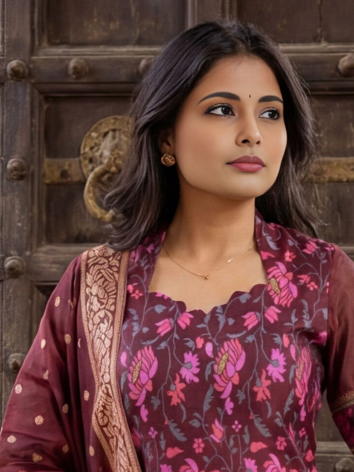 Indiehaat | Banarasi Silk Brocade Stitched Suit Brown