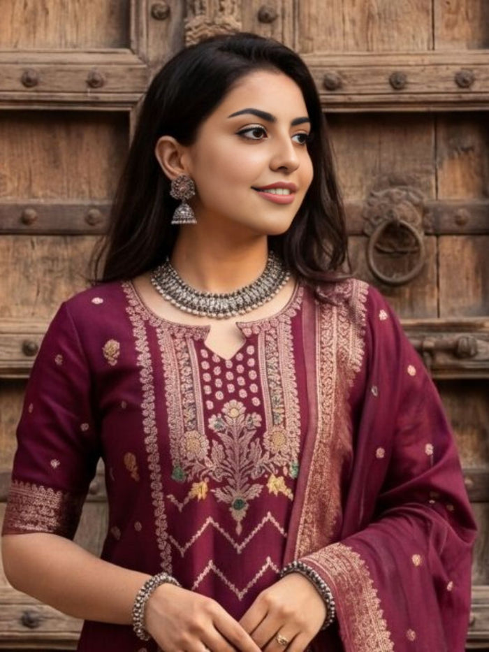 Indiehaat | Cotton Mix Brocade Stitched Suit Maroon