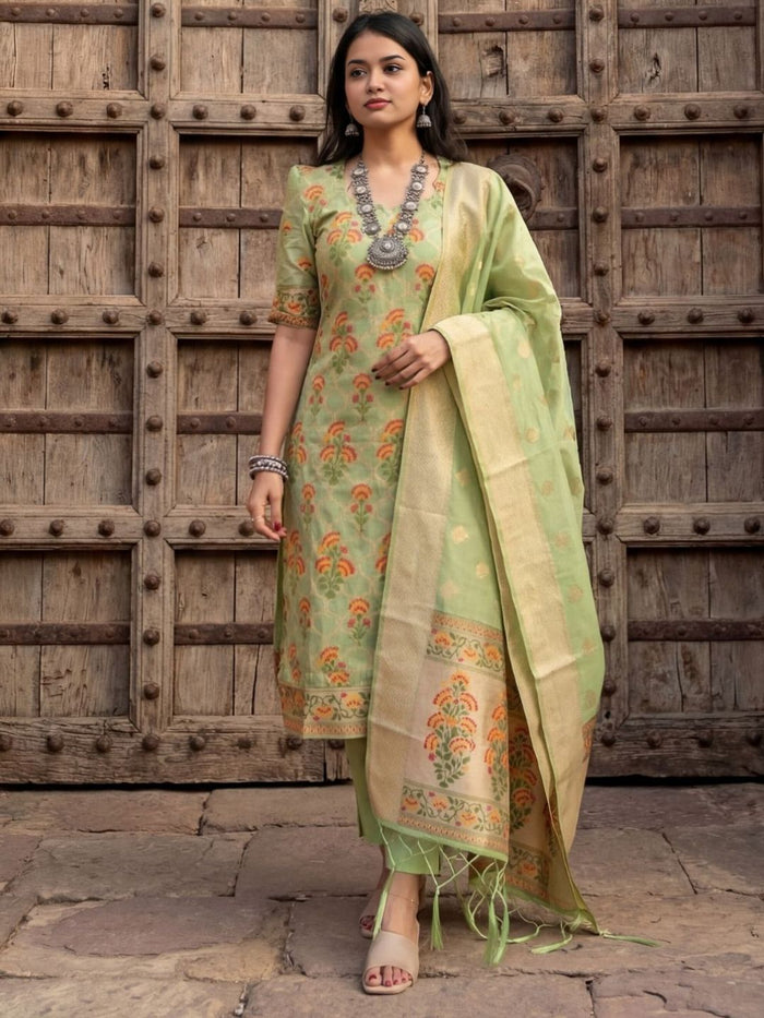 Indiehaat | Cotton Silk Blend Brocade Suit Green