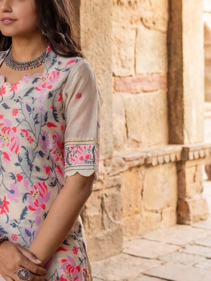 Indiehaat | Cotton Silk Blend Brocade Suit Cream