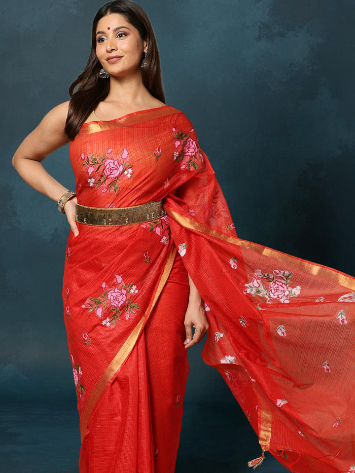 Indiehaat | Kota Silk Embroidered Saree Red