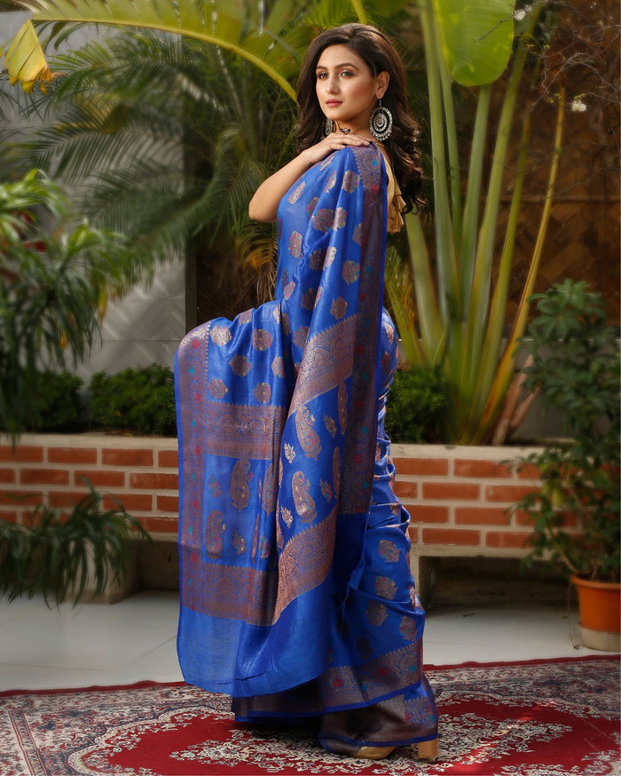Silkmark Certified Tussar Moonga Banarasi Silk Saree Navy Blue Color with running blouse-Indiehaat