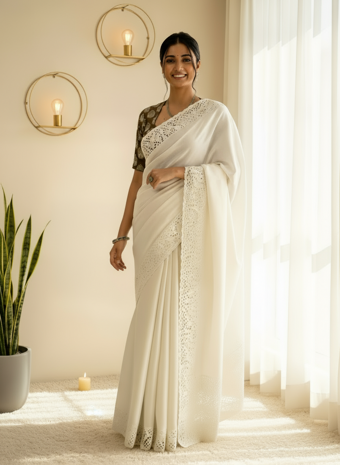 Silkmark Certified Melodic Pure Tussar Cutwork Beige Saree