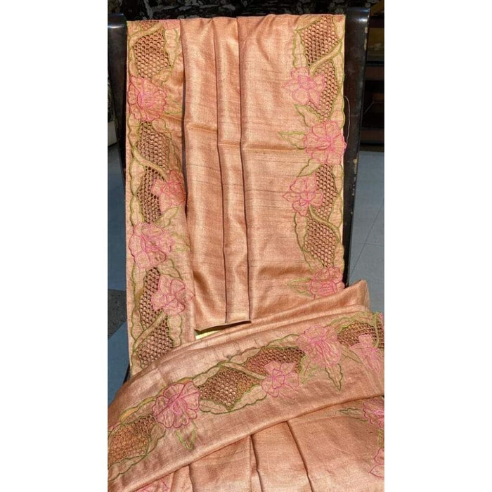 Silkmark Certifiied Pure Tussar Hand Cutwork Light Orange Saree (Tussar by Tussar Fabric)-Indiehaat