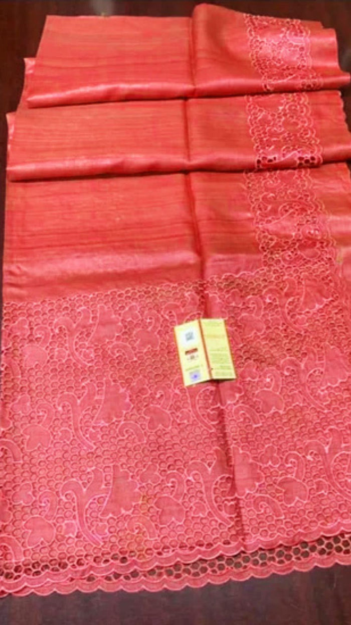 Silkmark Certified Pure Tussar Hand Cutwork Persian Red Saree (Tussar by Tussar Fabric)-Indiehaat