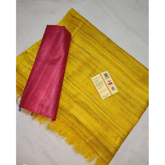 Silkmark Certified Gichcha Tussar Handloom Hand Dyed Yellow Saree with Contrast Blouse-Indiehaat