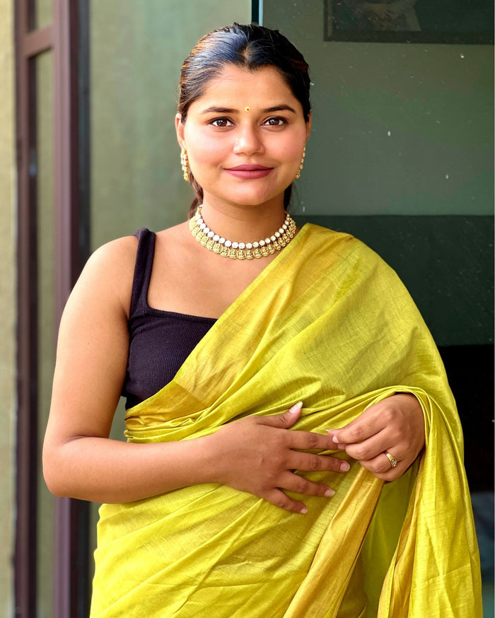 Silkmark Certified Moonga Tussar Silk Himalaya Yellow Saree with Running Blouse Handcrafted-Indiehaat