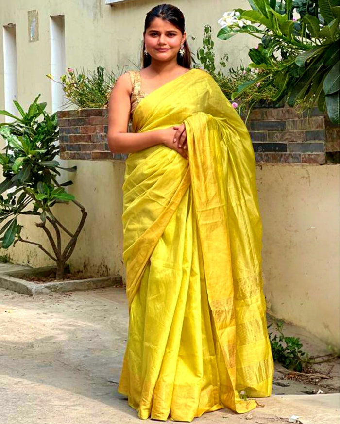 Silkmark Certified Moonga Tussar Silk Himalaya Yellow Saree with Running Blouse Handcrafted-Indiehaat