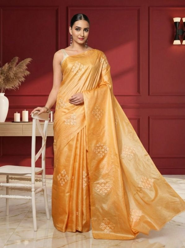 Silkmark Pure Tussar Bright Embroidered Saree Brown