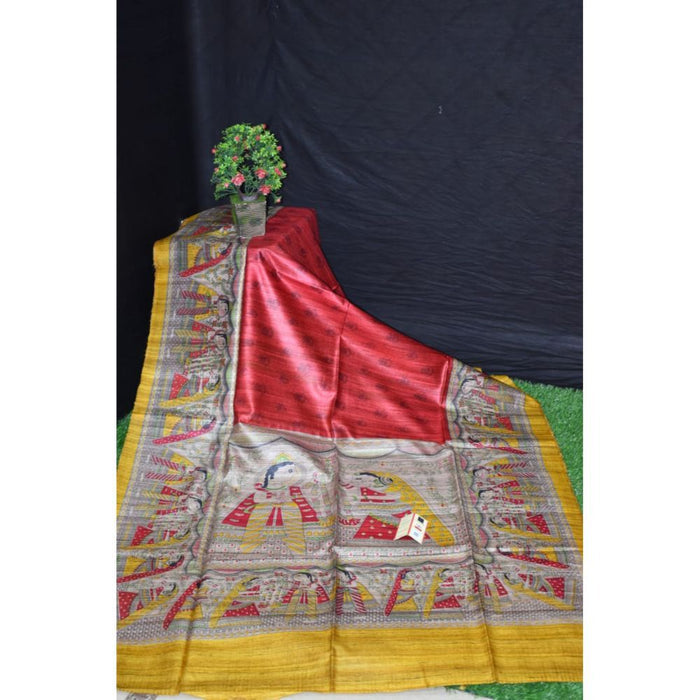 Silkmark Certified Tussar Silk Handloom Handblock Printed Red Saree with Blouse-Indiehaat