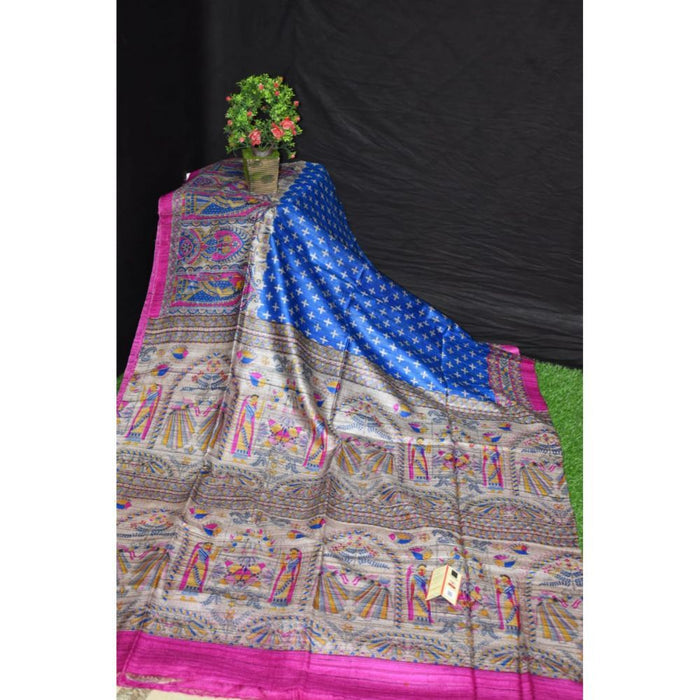 Silkmark Certified Tussar Silk Handloom Handblock Printed Blue Saree with Blouse-Indiehaat