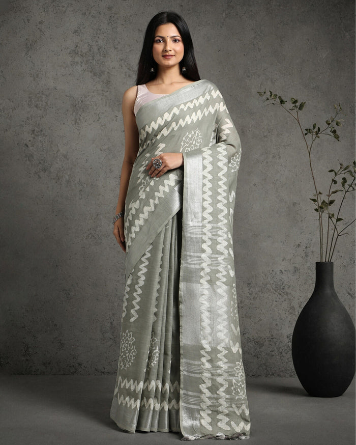 Slub Linen Saree Batik Print Flannel Gray-Indiehaat