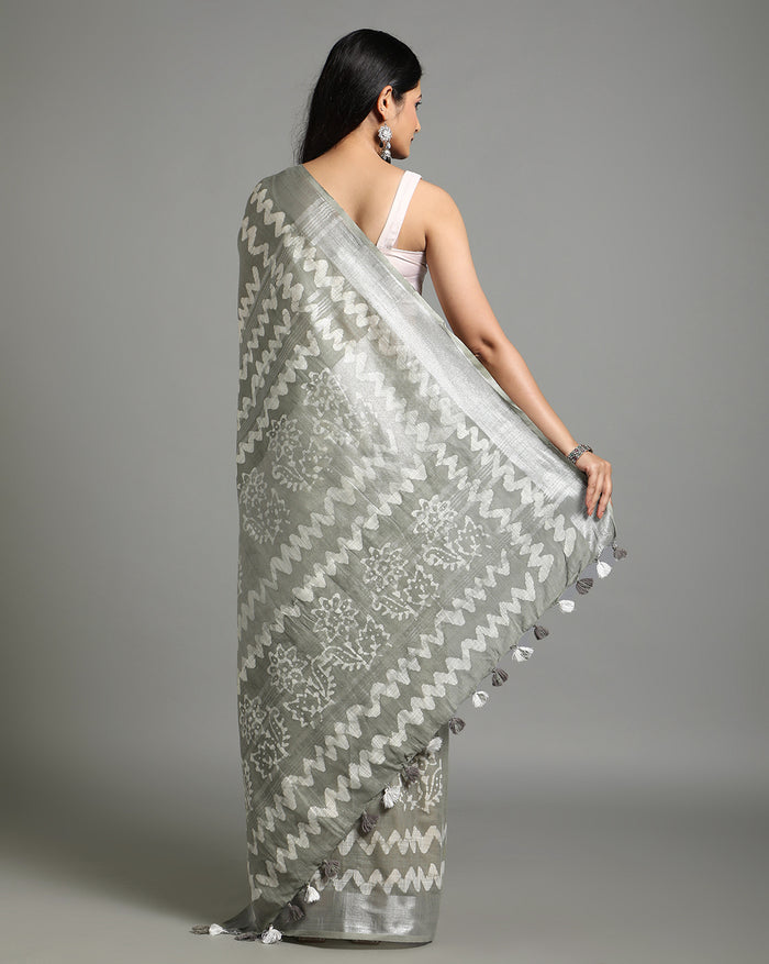 Slub Linen Saree Batik Print Flannel Gray-Indiehaat