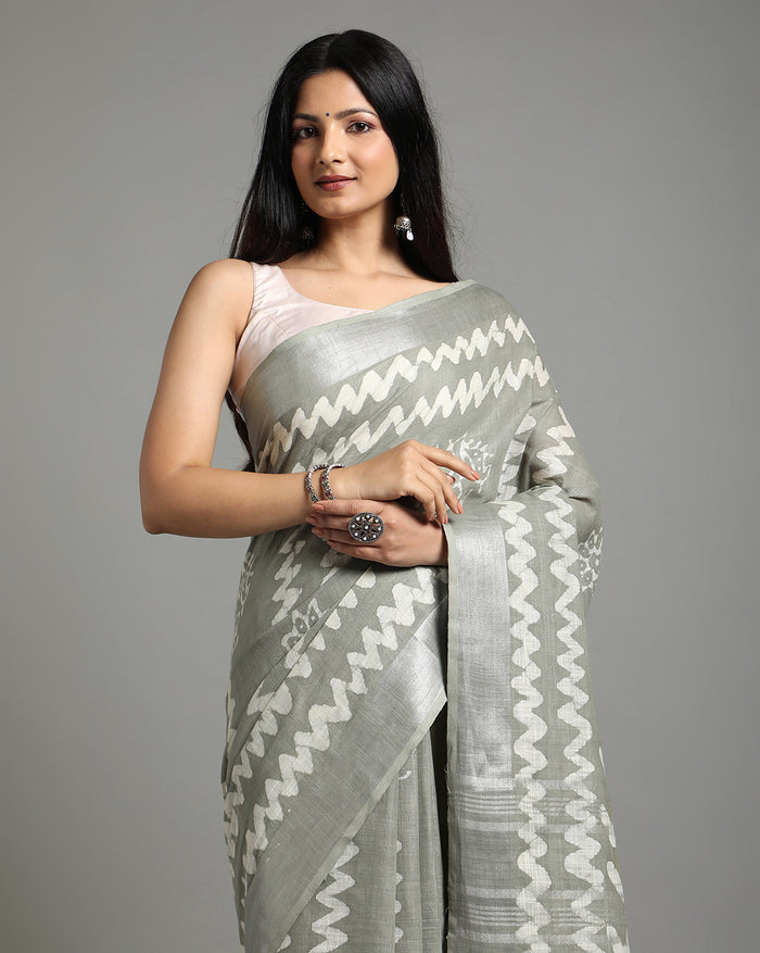 Slub Linen Saree Batik Print Flannel Gray-Indiehaat