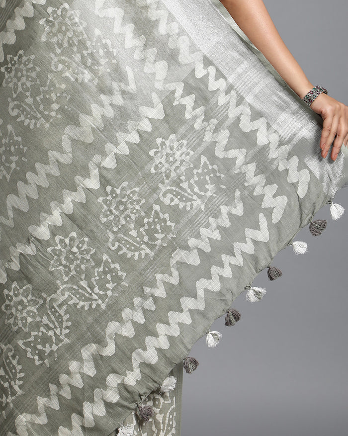 Slub Linen Saree Batik Print Flannel Gray-Indiehaat