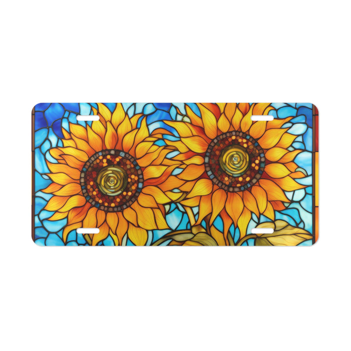 License plate with sunflower design on a white background