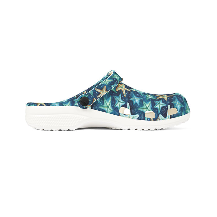 Clog shoe with a blue floral pattern on a white background