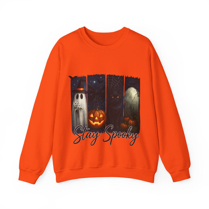 Orange sweatshirt with Halloween-themed design and 'Stay Spooky' text on a white background